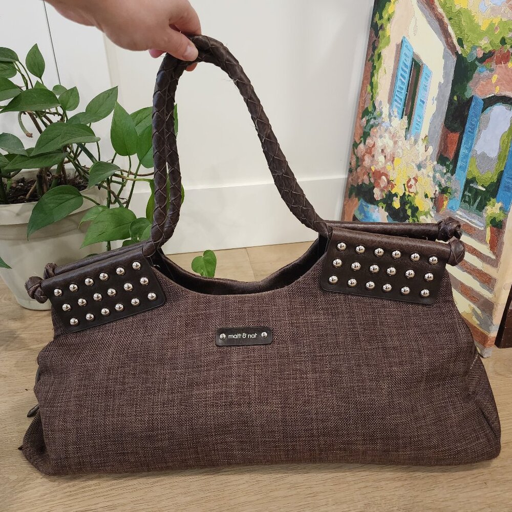 Matt & Nat Brown Canvas Shoulder Bag Studded Vegan Leather Large Tote